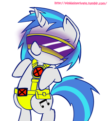 Size: 1000x1127 | Tagged: safe, artist:pinkieinprivate, character:dj pon-3, character:vinyl scratch, species:pony, species:unicorn, 30 minute art challenge, clothing, cosplay, costume, cyclops (marvel comics), visor, vyclops, x-men