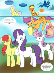 Size: 1000x1368 | Tagged: safe, artist:emilou1985, character:apple bloom, character:applejack, character:fluttershy, character:scootaloo, character:sweetie belle, oc, oc:nimbus, oc:skye, species:pegasus, species:pony, comic:signs, alternate universe, bags, cutie mark crusaders, magic, mouth hold, older, pregnant, scootaloo can fly