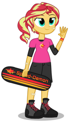 Size: 1736x3072 | Tagged: dead source, safe, artist:drewmwhit, character:sunset shimmer, species:human, my little pony:equestria girls, alternate hairstyle, alternate universe, bandaid, clothing, cute, female, legs, orphan, simple background, skateboard, solo, transparent background, vector, waving, younger