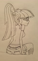 Size: 2971x4753 | Tagged: safe, artist:oatmeal, character:twilight sparkle, character:twilight sparkle (scitwi), species:eqg human, my little pony:equestria girls, absurd resolution, ass, buttcrack, camp everfree, clothing, female, frilly underwear, glasses, lineart, looking at you, looking back, looking back at you, panties, ponytail, sci-twibutt, shorts, socks, solo, traditional art, twibutt, underwear