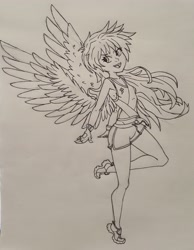 Size: 2961x3817 | Tagged: safe, artist:oatmeal, character:rainbow dash, species:human, clothing, female, gloves, humanized, shorts, solo, winged humanization, wings