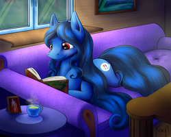 Size: 5000x4000 | Tagged: safe, artist:klarapl, oc, oc only, oc:blossom oak, species:earth pony, species:pony, absurd resolution, beverage, book, couch, cup, female, indoors, looking down, mare, reading, solo, table, window