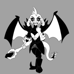 Size: 1280x1280 | Tagged: safe, artist:midnight-wizard, character:princess ember, species:dragon, bloodstone scepter, clothing, cosplay, costume, dragon lord ember, female, monochrome, solo, undertale, undyne, undyne the undying