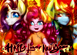Size: 3035x2149 | Tagged: safe, artist:monochromacat, character:pinkie pie, character:rainbow dash, character:rarity, species:pony, bipedal, blushing, cheongsam, chinese new year, clothing, cute, dress, happy new year, happy new year 2017, one eye closed, smiling, trio, wink, year of the rooster