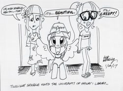 Size: 897x663 | Tagged: safe, artist:newportmuse, character:twilight sparkle, character:twilight sparkle (scitwi), species:eqg human, my little pony:equestria girls, book, clothing, dialogue, hat, hawaii, human ponidox, library, monochrome, multeity, ponidox, sandals, self ponidox, shirt, signature, speech bubble, spread wings, story included, that pony sure does love books, tourist, traditional art, twolight, wings, wip
