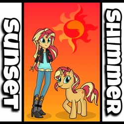 Size: 1990x1993 | Tagged: dead source, safe, artist:drewmwhit, character:sunset shimmer, species:pony, my little pony:equestria girls, boots, clothing, female, high heel boots, human ponidox, jacket, leather jacket, pants, ponidox, raised hoof, self paradox, self ponidox, solo