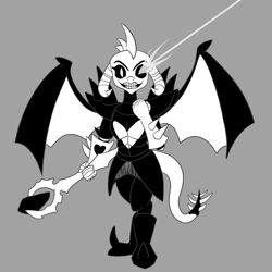 Size: 1500x1500 | Tagged: safe, artist:midnight-wizard, character:princess ember, species:dragon, bloodstone scepter, clothing, cosplay, costume, dragon lord ember, female, glowing eyes, monochrome, solo, undertale, undyne, undyne the undying