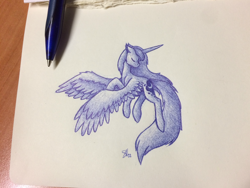 Size: 3156x2373 | Tagged: safe, artist:starlessnight22, character:princess luna, eyes closed, female, flying, monochrome, pen drawing, simple background, solo, traditional art