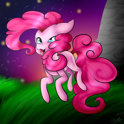 Size: 2200x2200 | Tagged: safe, artist:eclispeluna, character:pinkie pie, species:pony, derp, female, grass, high res, jumping, solo