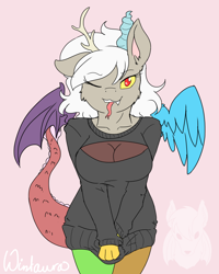Size: 8000x10000 | Tagged: safe, artist:wintaura, character:discord, oc:eris, species:anthro, species:draconequus, absurd resolution, breasts, busty eris, cleavage, clothing, female, open-chest sweater, rule 63, solo, sweater