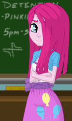 Size: 2987x5025 | Tagged: safe, artist:oatmeal, character:pinkamena diane pie, character:pinkie pie, my little pony:equestria girls, absurd resolution, beautiful, chalkboard, classroom, clothing, crossed arms, detention, female, hair over one eye, jacket, looking at you, sad, skirt, solo