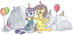 Size: 1017x488 | Tagged: safe, artist:islamilenaria, character:boulder, character:cheese sandwich, character:maud pie, species:earth pony, species:pony, balloon, clothing, crack shipping, cropped, dress, hat, male, maudwich, party hat, rock, shipping, sitting, straight, traditional art