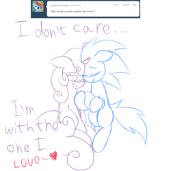 Size: 1000x1000 | Tagged: dead source, safe, artist:tails-doll-lover, character:sonic the hedgehog, character:sweetie belle, oc, oc:sonic dash, species:pony, ask, blushing, canon x oc, crossover shipping, female, interspecies, male, ponified, shipping, sonic the hedgehog (series), sonicbelle, straight, teenage crusaders answers, teenager, tumblr