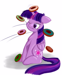 Size: 2904x3550 | Tagged: safe, artist:greenfinger, character:twilight sparkle, character:twilight sparkle (alicorn), species:alicorn, species:pony, donut, female, floppy ears, food, one eye closed, ring toss, simple background, sitting, solo, unamused, white background