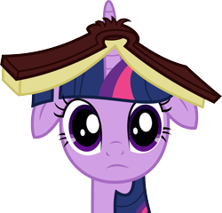 Size: 1961x1880 | Tagged: safe, artist:jp, derpibooru original, character:twilight sparkle, episode:secret of my excess, g4, my little pony: friendship is magic, .svg available, book, book hat, female, floppy ears, horn impalement, looking at you, simple background, solo, svg, transparent background, vector