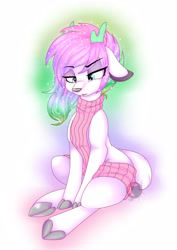 Size: 2893x4092 | Tagged: safe, artist:red_moonwolf, oc, oc only, oc:winter aurora, species:deer, absurd resolution, backless, clothing, open-back sweater, original species, sleeveless sweater, solo, sweater, virgin killer sweater
