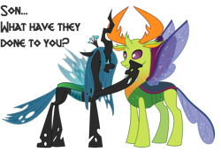 Size: 1280x880 | Tagged: safe, artist:sersys, character:queen chrysalis, character:thorax, species:changeling, species:reformed changeling, episode:to where and back again, g4, my little pony: friendship is magic, changeling drama, changeling king, changeling queen, crying, despair, dialogue, draco in leather pants, female, hoof on cheek, male, mother and son, open mouth, out of character, raised hoof, sad, simple background, spread wings, teary eyes, transparent background, wings