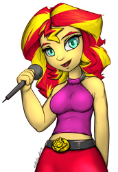 Size: 1100x1600 | Tagged: safe, artist:gabbslines, character:sunset shimmer, my little pony:equestria girls, belt, belt buckle, breasts, busty sunset shimmer, clothing, female, looking at you, microphone, midriff, simple background, singing, smiling, solo, tight clothing, transparent background