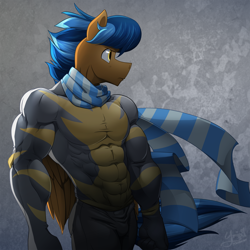 Size: 1276x1276 | Tagged: safe, artist:ponyanony, oc, oc only, oc:lightning rider, species:anthro, species:pegasus, species:pony, clothing, male, muscles, scarf, solo, stallion, suit, tight clothing