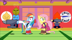 Size: 1136x640 | Tagged: safe, artist:mysteryben, character:fluttershy, character:rainbow dash, anvil, black belt, clothing, crossover, crying, fingerless gloves, gi, gloves, karate, martial arts, parappa the rapper, rhythm heaven, rhythm is magic, robe, scared, street fighter, sweat, trousers, video at source, youtube link