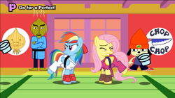 Size: 1136x640 | Tagged: safe, artist:mysteryben, character:fluttershy, character:rainbow dash, black belt, clothing, fingerless gloves, gi, gloves, karate, martial arts, parappa the rapper, rhythm game, rhythm heaven, rhythm is magic, robe, street fighter, trousers, video at source