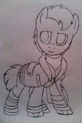 Size: 640x960 | Tagged: safe, artist:changelingtrash, artist:princessamity, oc, oc only, oc:pager, clothing, firefighter, flashlight (object), gear, hood, jacket, male, monochrome, simple background, sketch, smiling, solo, straight