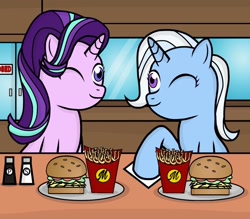 Size: 2048x1797 | Tagged: dead source, safe, artist:drewmwhit, character:starlight glimmer, character:trixie, species:pony, species:unicorn, burger, duo, eye contact, female, food, hay burger, hoof hold, horseshoe fries, looking at each other, mare, one eye closed, pepper, raised hoof, salt, sitting, smiling, wink