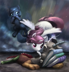 Size: 848x878 | Tagged: safe, artist:bakuel, character:discord, character:princess celestia, character:princess luna, species:alicorn, species:draconequus, species:pony, book, cewestia, cloud, cute, discute, feather, female, filly, filly celestia, filly luna, flying, foal, male, missing accessory, night, pink-mane celestia, royal sisters, sleeping, smiling, stars, tickling, trio, woona, young discord, younger