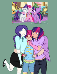 Size: 723x943 | Tagged: safe, artist:koteikow, character:applejack, character:pinkie pie, character:rarity, character:twilight sparkle, character:twilight sparkle (alicorn), species:alicorn, species:human, episode:maud pie, g4, my little pony: friendship is magic, belly button, belt, clothing, denim, humanized, kneesocks, mary janes, midriff, scene interpretation, shoes, shorts, skirt, socks, winged humanization, wings