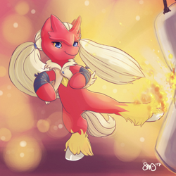 Size: 3000x3000 | Tagged: safe, artist:bean-sprouts, species:pony, bipedal, blaziken, crossover, fire, kick, pigtails, pokémon, ponified, punching bag, solo