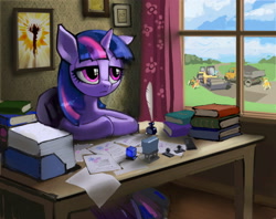 Size: 3508x2780 | Tagged: safe, artist:vombavr, character:twilight sparkle, book, bored, curtains, desk, diploma, dump truck, ink, office, paper, picture, quill, stamp, steam roller, vehicle, window