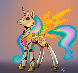 Size: 1146x1078 | Tagged: safe, alternate version, artist:overkenzie, character:princess celestia, species:alicorn, species:pony, female, floating wings, horn, robot, robot pony, solo, wings