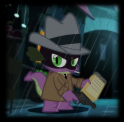 Size: 750x740 | Tagged: safe, artist:bootsyslickmane, character:spike, species:dragon, canterlot, cigarette, clothing, detective, glowing eyes, gun, handgun, looking at you, male, necktie, noir, notepad, rain, revolver, smoke, smoking, solo, trenchcoat, trigger discipline, weapon