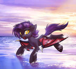 Size: 830x749 | Tagged: safe, artist:imanika, oc, oc only, oc:dawn sentry, species:bat pony, species:pony, bat pony oc, commission, fangs, female, mare, open mouth, slit eyes, solo, water, wing claws, ych result