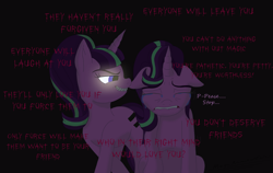 Size: 4020x2547 | Tagged: safe, artist:megaanimationfan, character:starlight glimmer, species:pony, species:unicorn, g4, absurd resolution, crying, cutie mark, dark, dialogue, duality, evil grin, evil starlight, female, floppy ears, full face view, glowing eyes, grin, inner demons, inner struggle, lip bite, mare, nightmare, profile, sad, sadlight glimmer, sharp teeth, signature, smiling, teeth