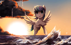 Size: 1250x791 | Tagged: safe, artist:ruhje, oc, oc only, species:pegasus, species:pony, beautiful, city, cloud, commission, female, flying, looking at you, mare, open mouth, scenery, smiling, solo, spread wings, sun, sunset, water, wings
