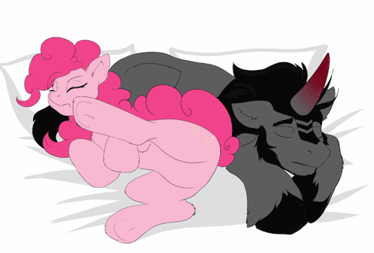 Size: 540x365 | Tagged: safe, artist:evange, artist:tai-l-rodriguez, character:king sombra, character:pinkie pie, species:earth pony, species:pony, species:unicorn, animated, crack shipping, female, gif, leg twitch, male, shipping, sleeping, sombrapie, straight, underhoof