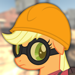 Size: 1054x1054 | Tagged: safe, artist:avastindy, editor:moonatik, character:applejack, species:pony, bust, engiejack, engineer, female, hard hat, hat, profile picture, solo, team fortress 2, upward, vector