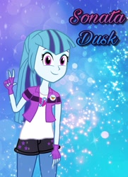 Size: 1480x2048 | Tagged: dead source, safe, artist:drewmwhit, character:sonata dusk, equestria girls:rainbow rocks, g4, my little pony: equestria girls, my little pony:equestria girls, alternate universe, clothing, eyeshadow, female, fingerless gloves, gloves, looking at you, makeup, smiling, solo, text