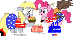 Size: 668x332 | Tagged: safe, artist:hattsy, artist:shutterflye, character:derpy hooves, character:pinkie pie, species:pegasus, species:pony, bag, bald eagle, burger, clothing, dress, eagle, female, food, hamburger, happy meal, mare, murica, open mouth, pleated skirt, shirt, skirt, skirt lift