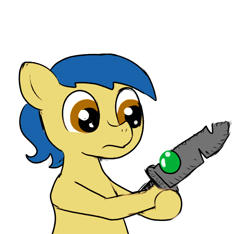 Size: 640x600 | Tagged: safe, artist:ficficponyfic, artist:minus, oc, oc only, oc:larimar, species:earth pony, species:pony, alternate color palette, blade, child, color, colored, colt, colt quest, foal, frown, gem, male, solo, sword, weapon