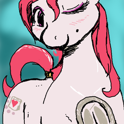 Size: 512x512 | Tagged: safe, artist:tacodeltaco, derpibooru original, oc, oc only, oc:marshmallow, species:earth pony, species:pony, beauty mark, blushing, frog (hoof), looking at you, one eye closed, smiling, solo, underhoof, wink