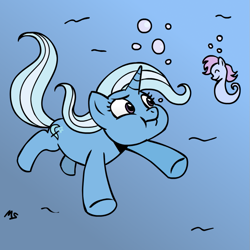 Size: 945x945 | Tagged: safe, artist:megasweet, artist:pacce, character:trixie, species:pony, species:sea pony, species:unicorn, bubble, female, holding breath, mare, swimming, underwater