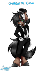 Size: 2000x3200 | Tagged: safe, artist:mimy92sonadow, oc, oc only, oc:classy tophat, species:anthro, species:pony, species:unguligrade anthro, species:unicorn, clothing, ear fluff, glasses, gloves, hand in pocket, hat, looking at you, male, simple background, solo, stallion, suit, top hat, transparent background, unshorn fetlocks