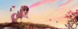 Size: 1640x624 | Tagged: safe, artist:ruhje, character:fluttershy, species:bird, species:pegasus, species:pony, beautiful, butterfly, female, flower, folded wings, grass, hoof hold, looking at something, mare, raised hoof, scenery, sky, smiling, solo, spring, wings