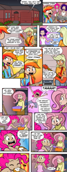 Size: 1280x3314 | Tagged: safe, artist:megasweet, artist:trelwin, character:applejack, character:fluttershy, character:pinkie pie, character:rainbow dash, character:rarity, bass guitar, breasts, busty fluttershy, canter girls, clothing, comic, donut, drums, guitar, humanized, keyboard, musical instrument, sweater, sweatershy