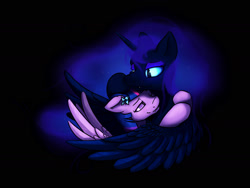 Size: 2000x1500 | Tagged: safe, artist:hieronymuswhite, character:nightmare moon, character:princess luna, character:twilight sparkle, character:twilight sparkle (alicorn), species:alicorn, species:pony, ship:twimoon, fangs, female, flower, flower in hair, hug, lesbian, shipping