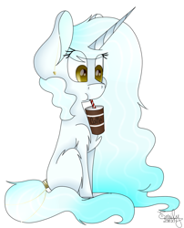 Size: 970x1200 | Tagged: safe, artist:kawurin, oc, oc only, oc:marshmallow, species:pony, species:unicorn, :t, chest fluff, coffee, cup, cute, drinking, ear piercing, earring, female, fluffy, jewelry, levitation, magic, mare, piercing, shoulder fluff, simple background, sitting, solo, straw, tail wrap, telekinesis, traditional art, white background