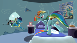 Size: 1920x1080 | Tagged: safe, artist:charlydasher, character:rainbow dash, character:soarin', species:pegasus, species:pony, ship:soarindash, 3d, featureless crotch, female, food, glasses, lure, male, morning, picture frame, pie, plot, poster, seductive, sexy, shipping, source filmmaker, straight, sunglasses, window