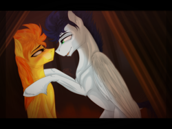 Size: 1600x1200 | Tagged: safe, artist:sevenada, character:soarin', character:spitfire, species:pony, ship:soarinfire, cute, eye contact, female, looking at each other, male, shipping, straight, touch
